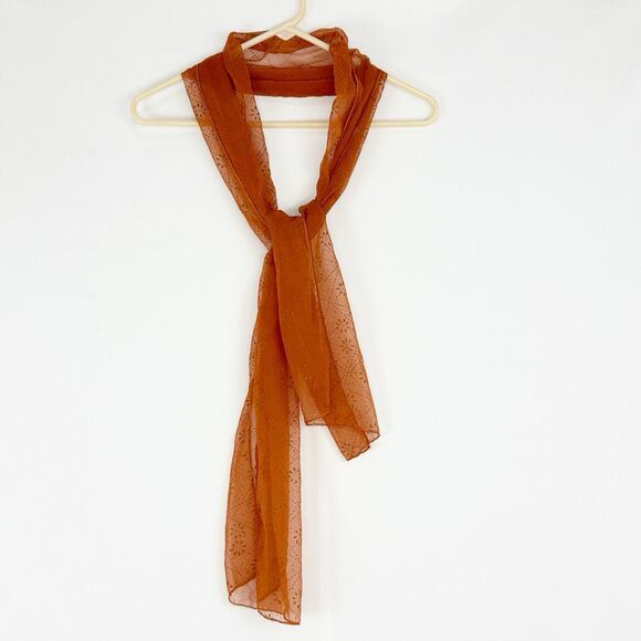 Women Floral Orange Sheer Rectangular Scarf 66” - Picture 3 of 7